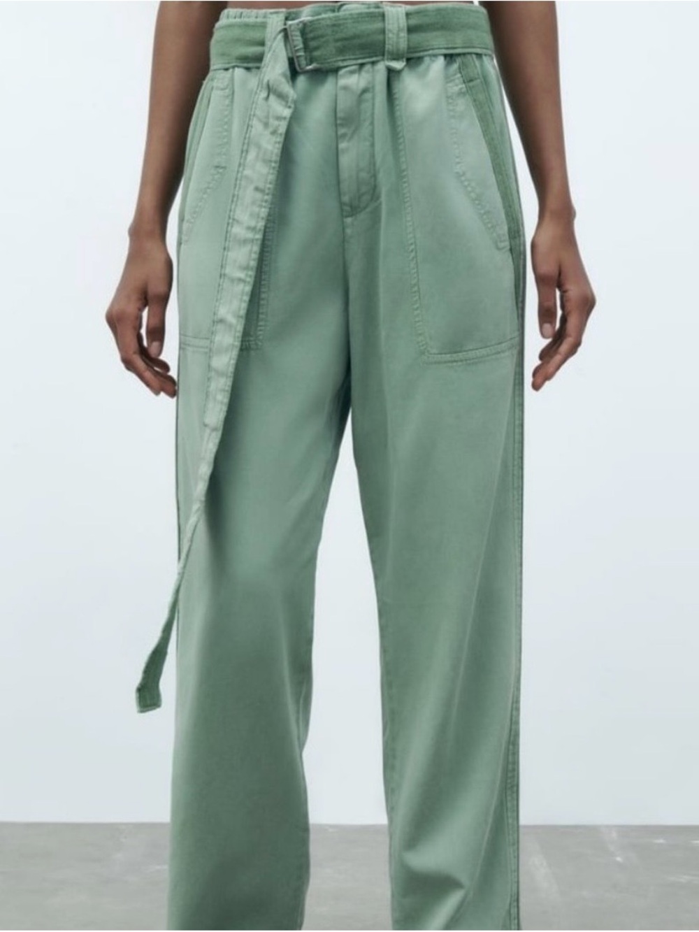 Zara High-Rise Utility Pants with Belt - Sage Green